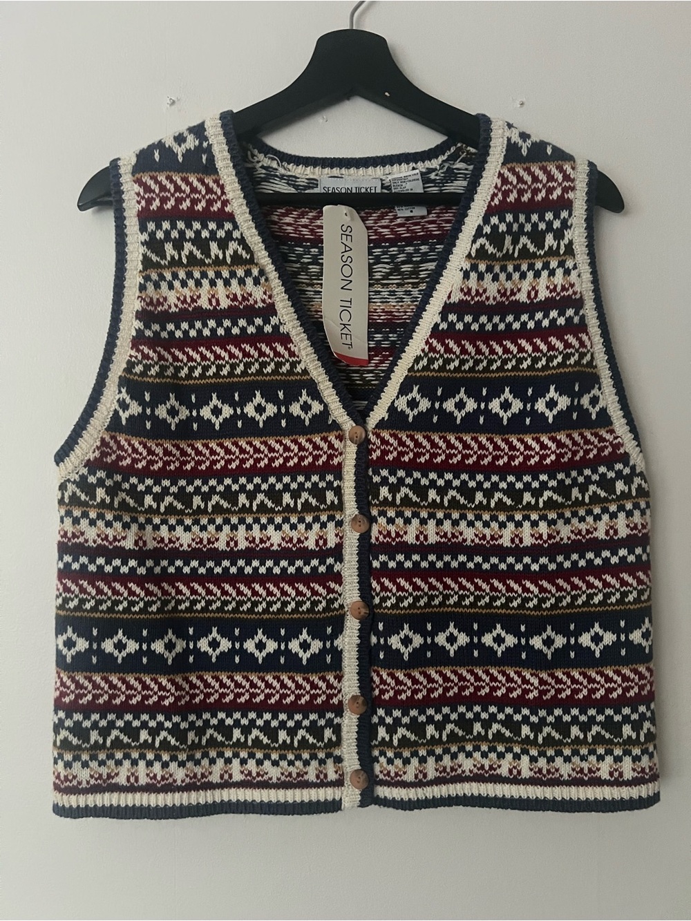Season Ticket Fair Isle sweater vest, women’s S, navy/red Cottagecore grandma